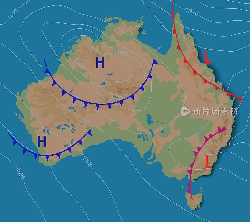 澳大利亚的天气预报。澳大利亚气象天气图。真实的天气图与可编辑的通用地图显示等压线和天气锋面。地形和物理地图。