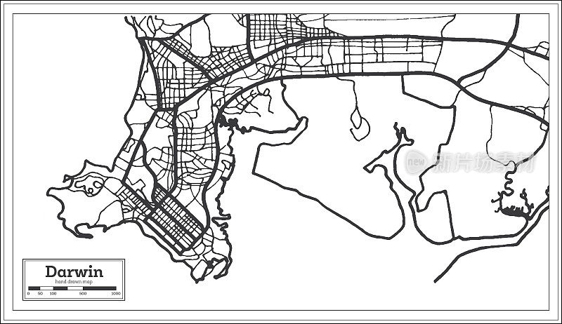达尔文澳大利亚城市地图的黑白颜色。略图。