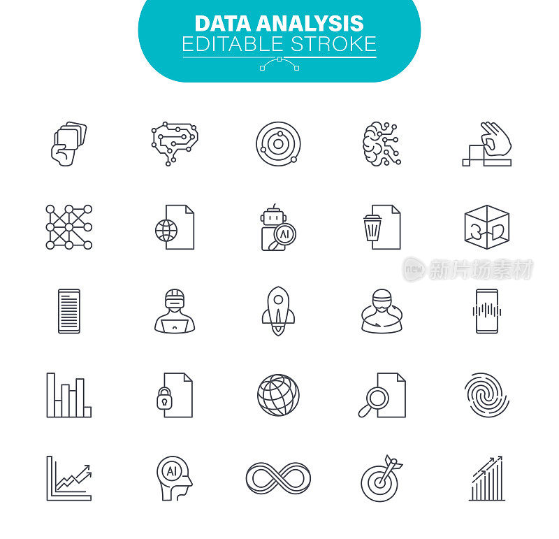 可编辑的中风。在设置图标为数据，人工智能，统计，插图