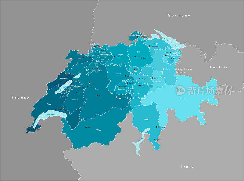 现代插图向量。简化的瑞士行政地图与邻国接壤。浅蓝色的湖泊。瑞士城市和地区(州)的名称。