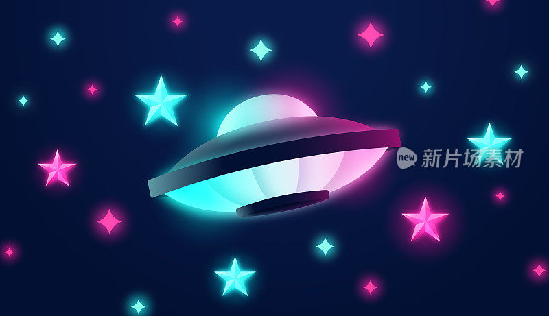 飞碟飞碟外星人飞船和发光的星星夜晚背景