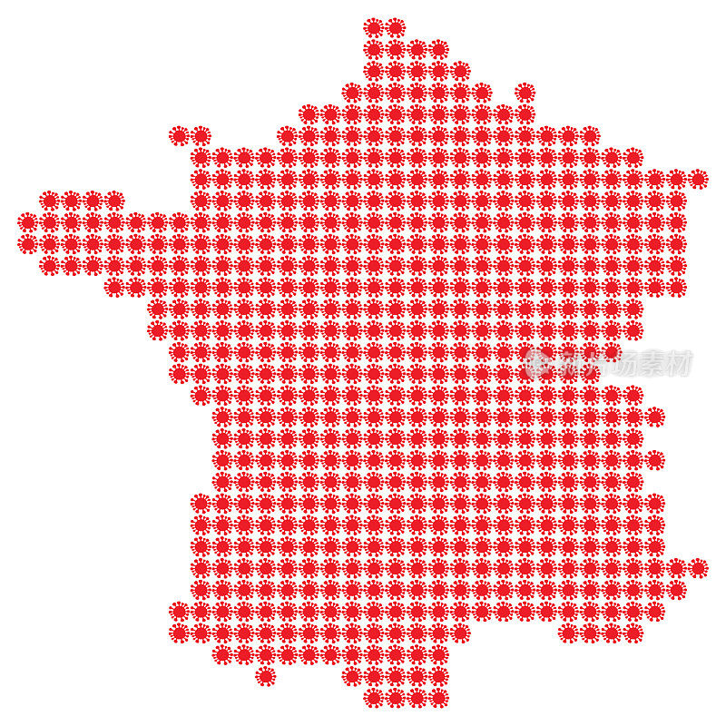 这是一幅用Covid-19图标绘制的法国地图，代表疫情的蔓延