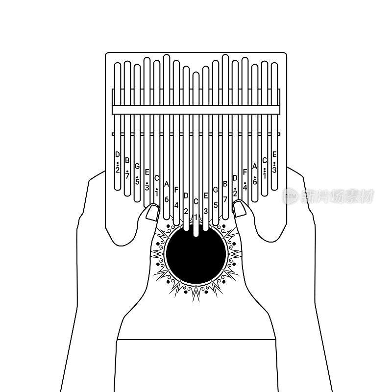卡林巴是一架17键拇指钢琴。手牵着手弹奏非洲乐器。手指口袋便携式钢琴。矢量卡通轮廓风格插图孤立的白色背景