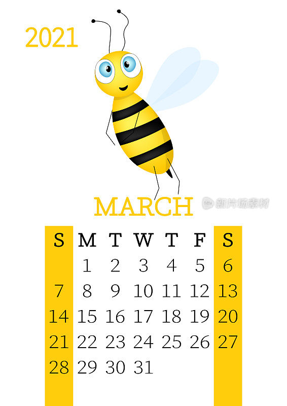 2021年日历。2021年3月的月历从周日到周六。年度计划。模板与可爱的手绘蜜蜂。矢量插图。的孩子。打印日历页。