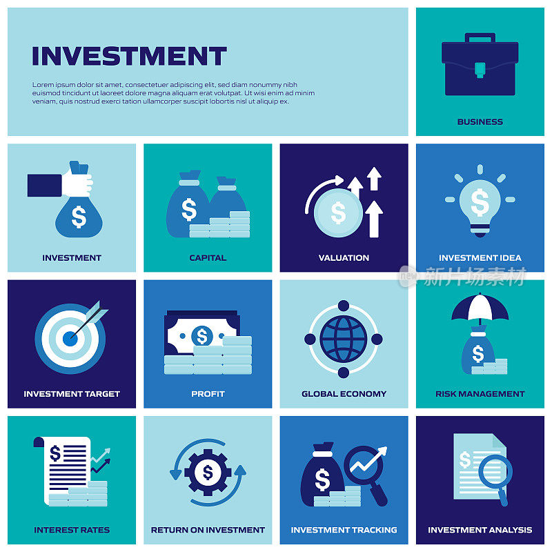 投资相关的矢量组的平面图标和网页横幅设计
