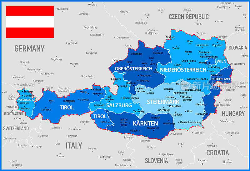奥地利的地图。矢量蓝色插图与国旗，地理边界和导航图标