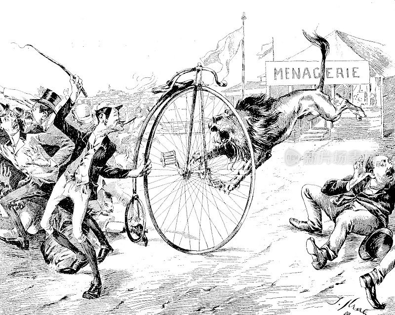 一头从马戏团冲出来的狮子袭击了人群，一名男子用一辆破自行车保护所有人