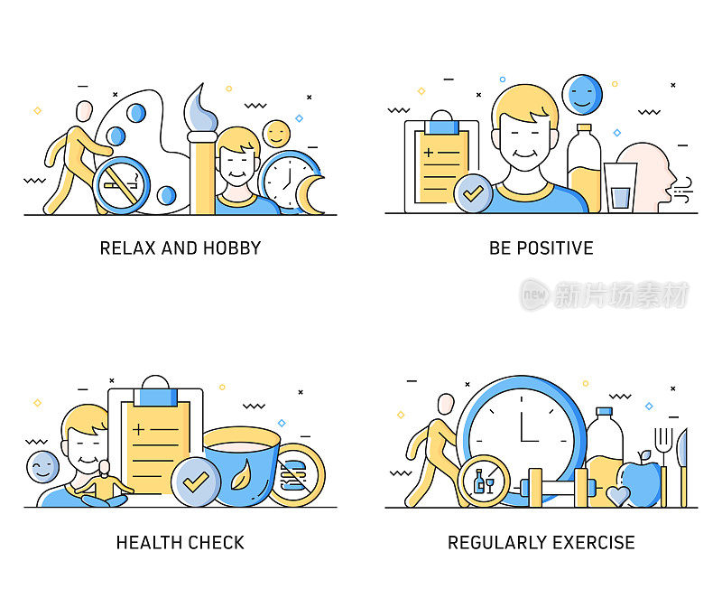 健康生活方式相关的现代线条风格矢量插图