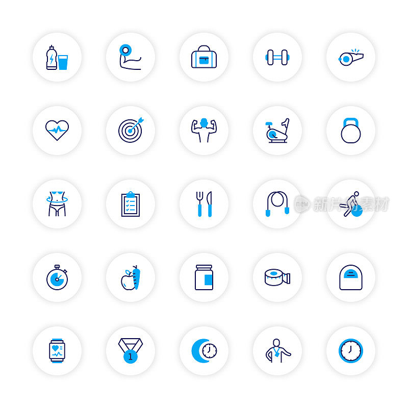 健身和锻炼相关的线条图标。向量符号说明。