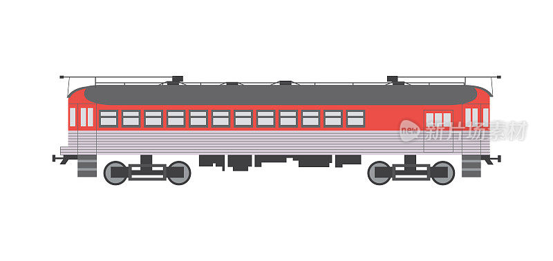 红色火车车厢为构图，平面卡通矢量插图孤立