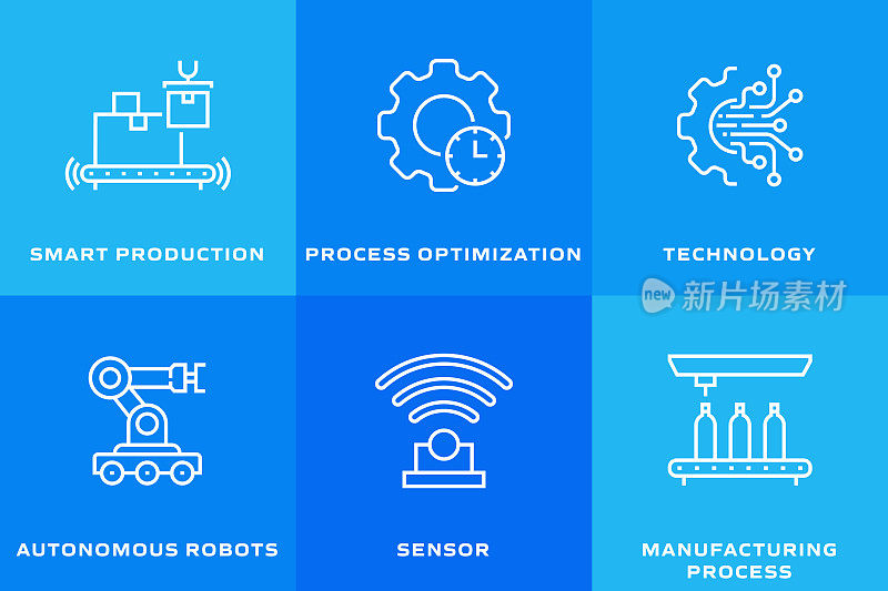 工业4.0相关线条图标。向量符号说明。