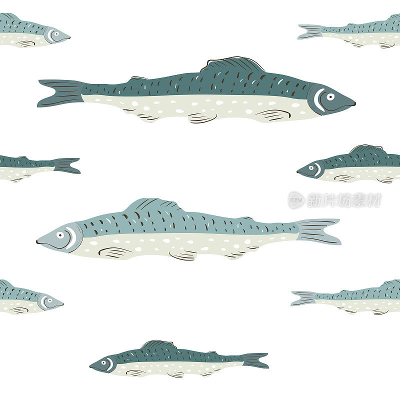 无缝矢量模式与鱼在东方风格的白色背景。中国风格的绘画