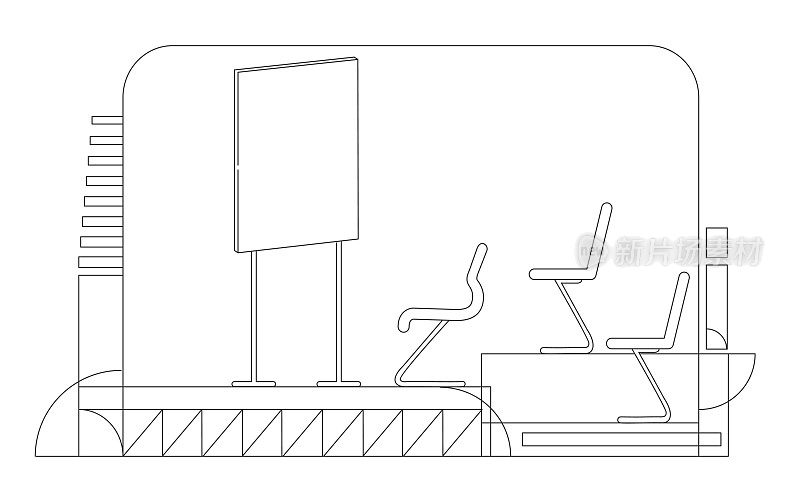 简报室大纲矢量插图。公司会议室，会议厅轮廓组成在白色的背景。空旷的礼堂，教室用白板简单的画风