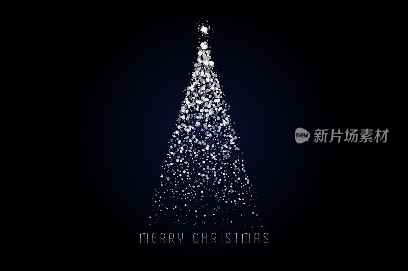 圣诞贺卡快乐。用蓝色灯光在黑暗背景上制作的神奇圣诞树