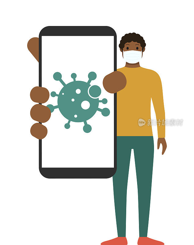 戴着医用口罩的男子展示带有病毒应用程序的智能手机。卡通矢量股票插图