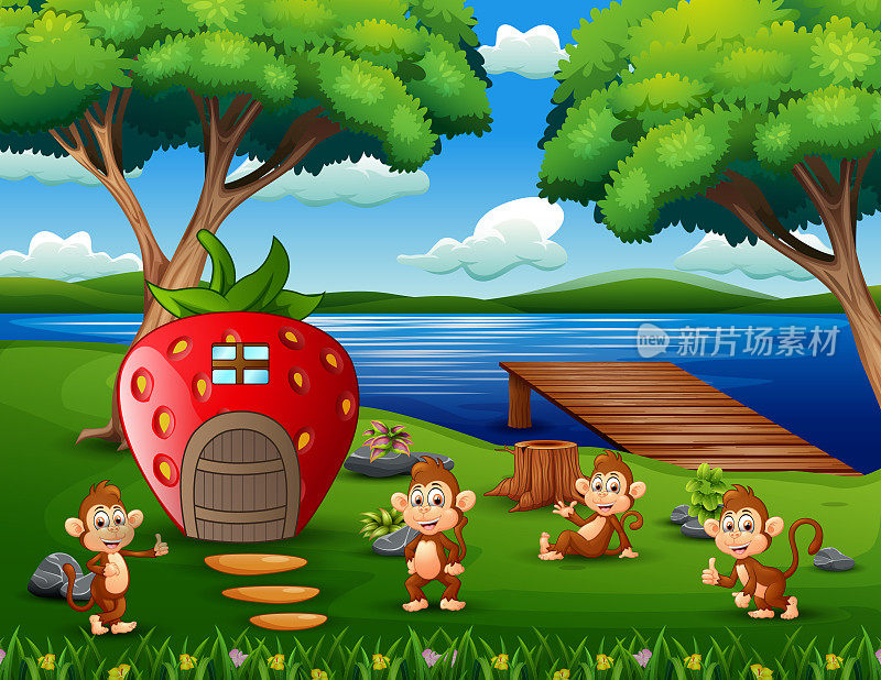 卡通里有些猴子在草莓屋玩