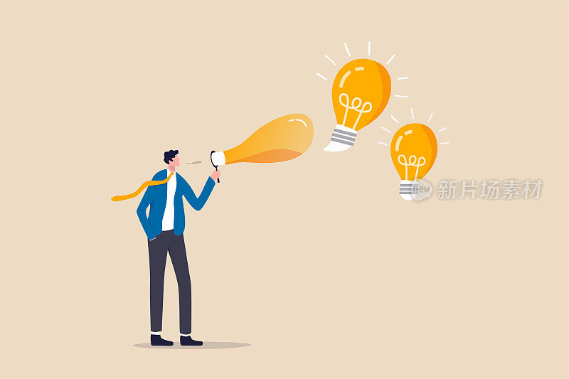 创造力是为工作问题创造新的商业想法或解决方案，创业是思考商业理念，聪明的商人吹肥皂泡变成创新的亮灯泡想法。