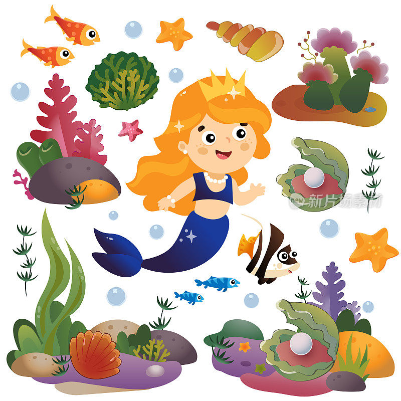 卡通里美丽的小美人鱼。海洋公主。水下世界。珊瑚礁里有鱼、珍珠壳和海星。多彩的向量集合的孩子。