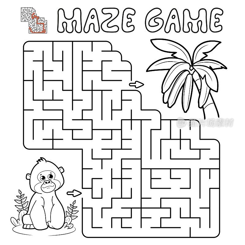 儿童迷宫益智游戏。和大猩猩玩迷宫或迷宫游戏。猴子和香蕉