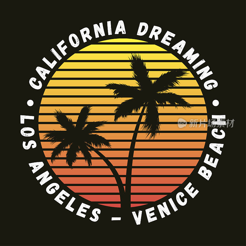 加州，洛杉矶，威尼斯海滩-排版设计的衣服，t恤与棕榈树。图形印刷产品，服装。向量