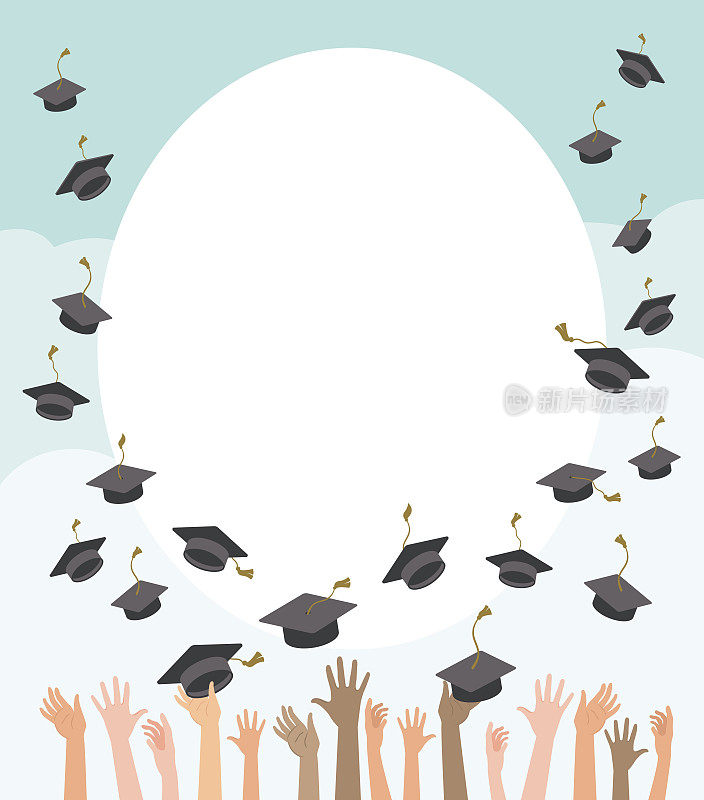 不同种族的人们将毕业礼帽抛向空中。毕业的学生。庆祝学校、学院或大学的结束