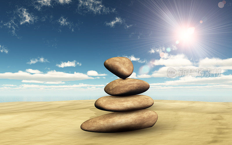 3D平衡卵石在沙子上对抗阳光灿烂的天空