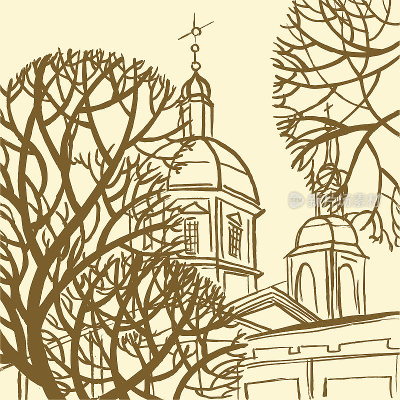 树木环绕的圣彼得堡Panteleymon大教堂。