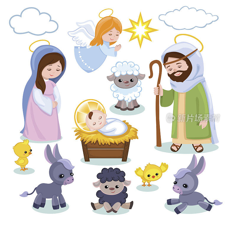 圣诞场景元素集。卡通耶稣诞生神圣家庭。