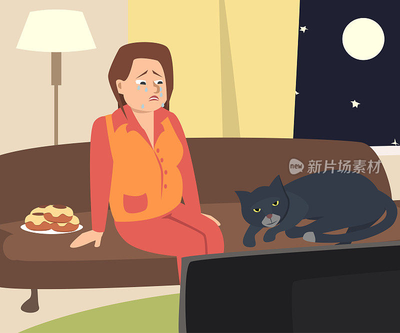 带着猫看电视的哭泣女人
