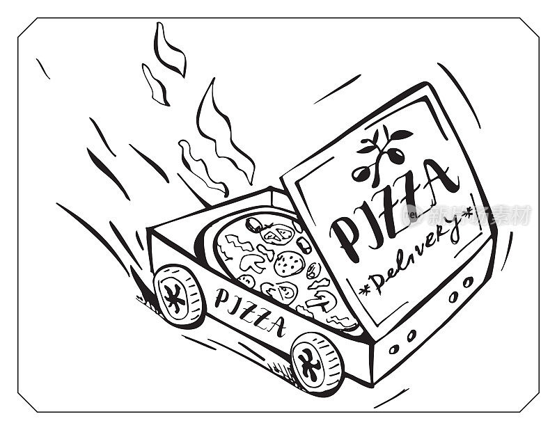 卡通披萨盒送热披萨。手绘的形象。送货的车。