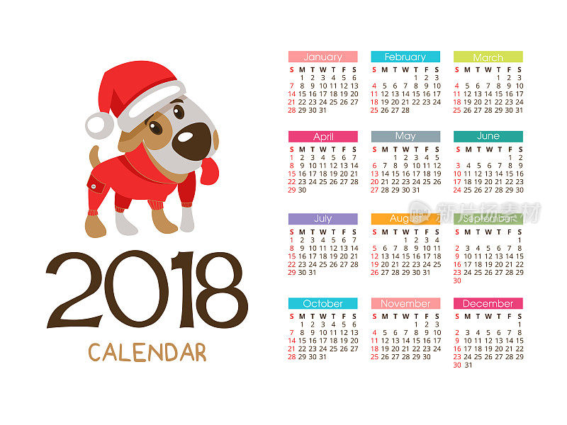 2018年圣诞日历。矢量文件。狗是这一年的象征。有趣的杰克罗素梗06