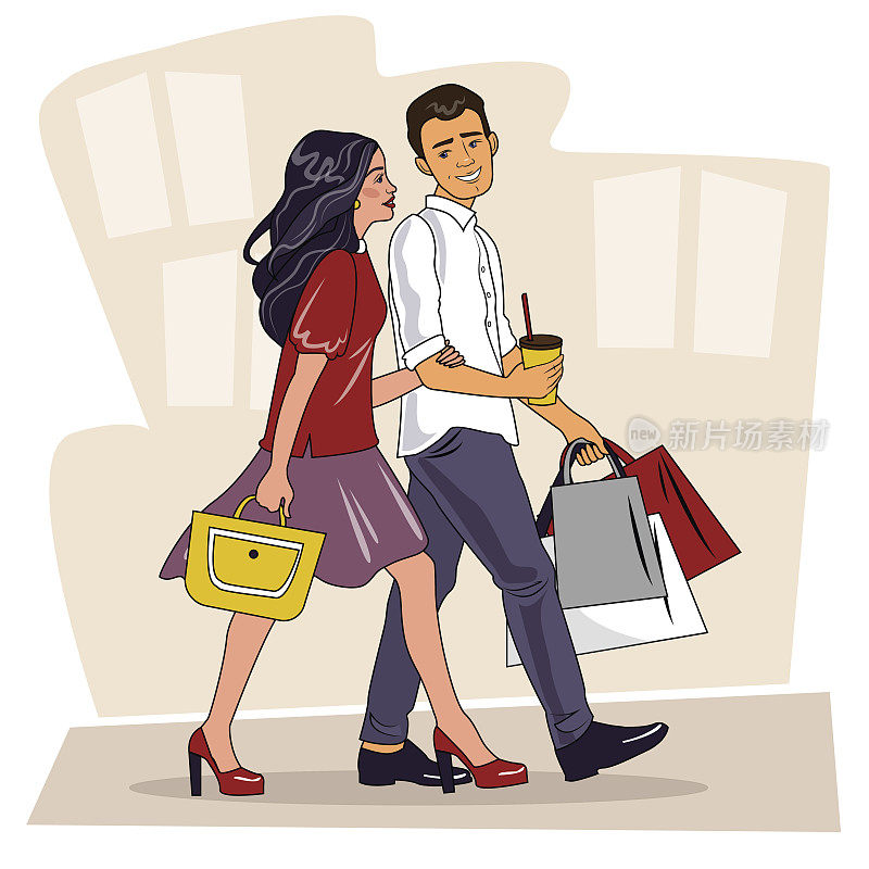 幸福的家庭夫妇与购物。漂亮的男人和女人拿着购物袋走在街上。大的销售。购物几