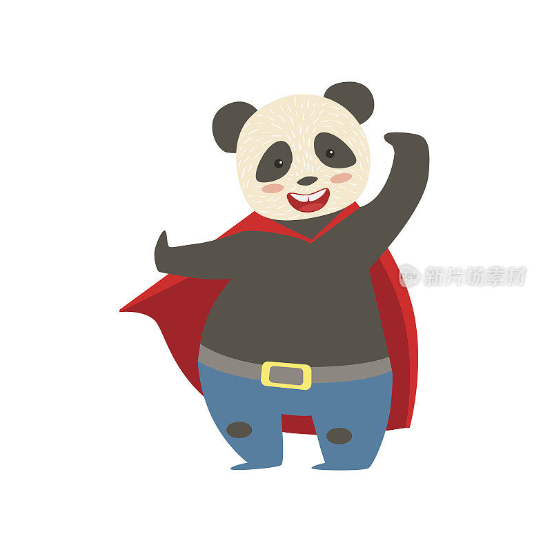 熊猫熊动物装扮成超级英雄与斗篷漫画蒙面治安维持会的角色