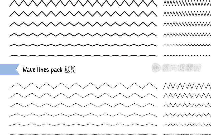 向量集合不同的细线宽和细波浪线在白色背景上。大套波浪形曲线和之字形纵横交错的横线。