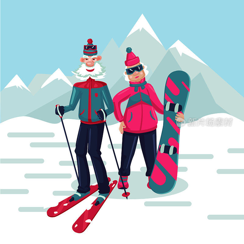 滑雪胜地的一对老年夫妇。卡通人物。