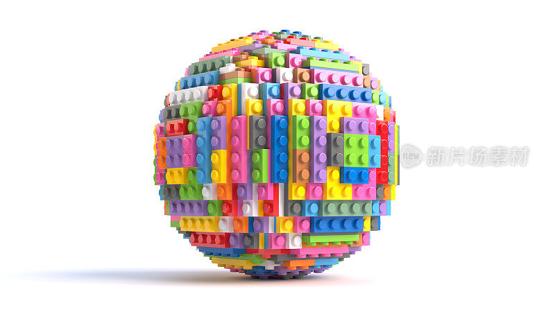 用彩色玩具积木做成的球体。三维渲染