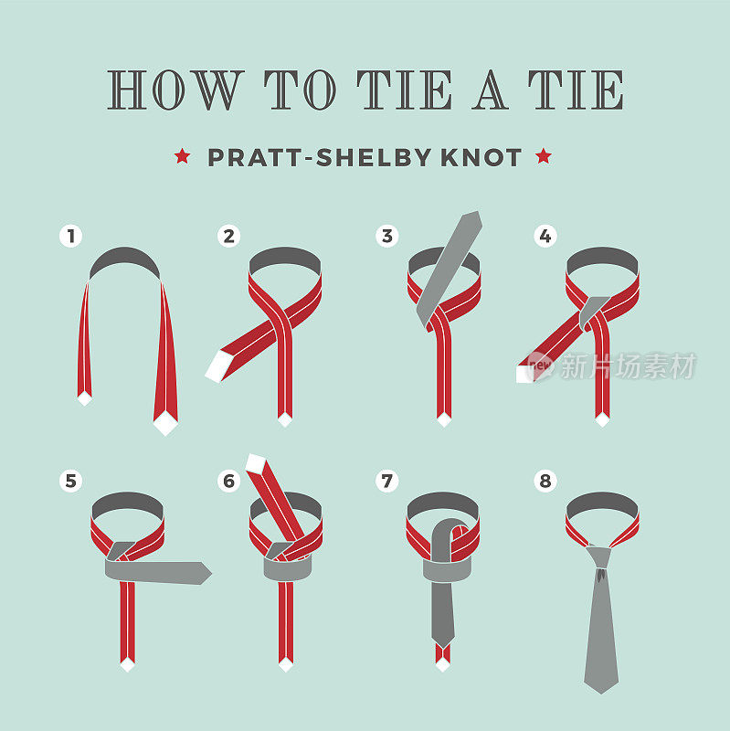 说明如何在绿松石背景上打领带的六个步骤。Pratt-Shelby结。矢量插图。