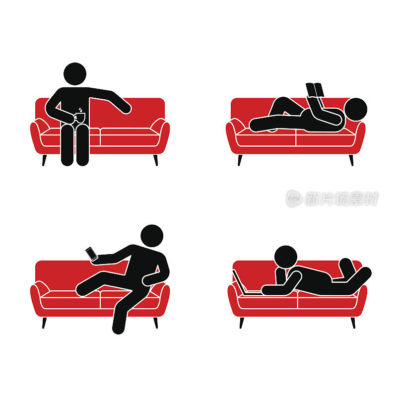 简笔画放置在红色沙发上。坐着，躺着，看书，看手机，喝茶，用笔记本电脑矢量图标象形