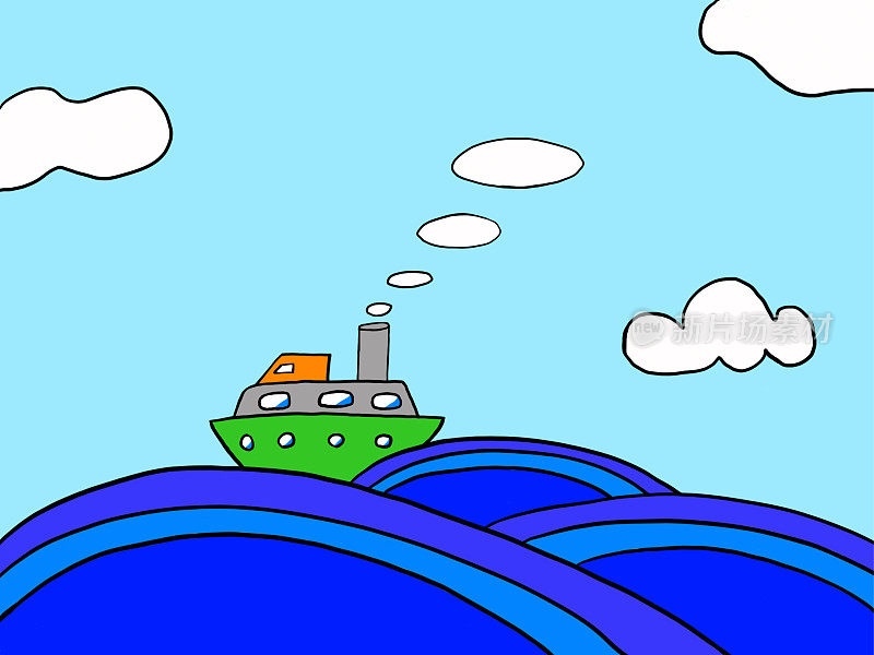 海，浪，云，蓝色，插图，天空，夏天，游轮