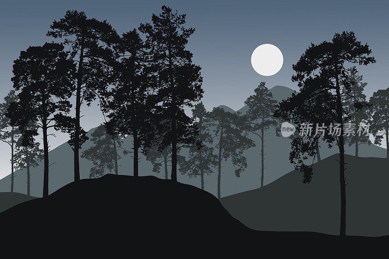 高山景观中有升起的太阳或月亮的松树林矢量图