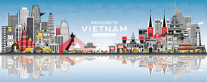 欢迎来到越南灰色建筑和蓝天的天际线。
