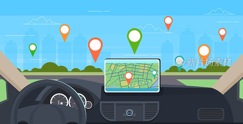 车载座舱配备智能驾驶辅助车载电脑GPS导航系统仪表盘屏幕多媒体概念现代汽车内饰水平
