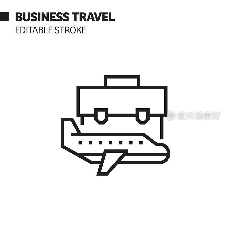 商务旅行线图标，轮廓矢量符号插图。完美像素，可编辑的描边。