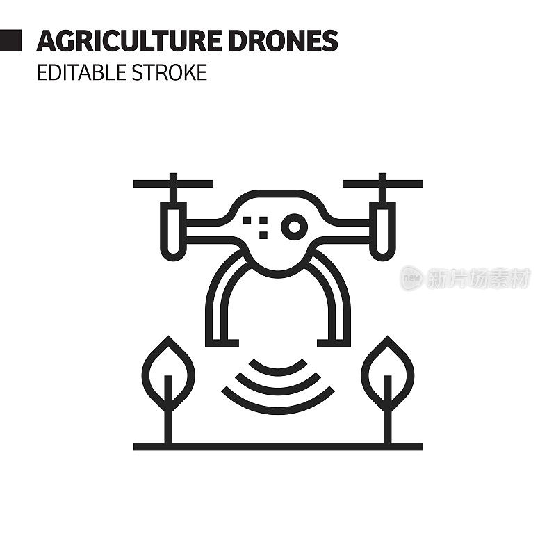 农业无人机线图标，轮廓矢量符号插图。完美像素，可编辑的描边。