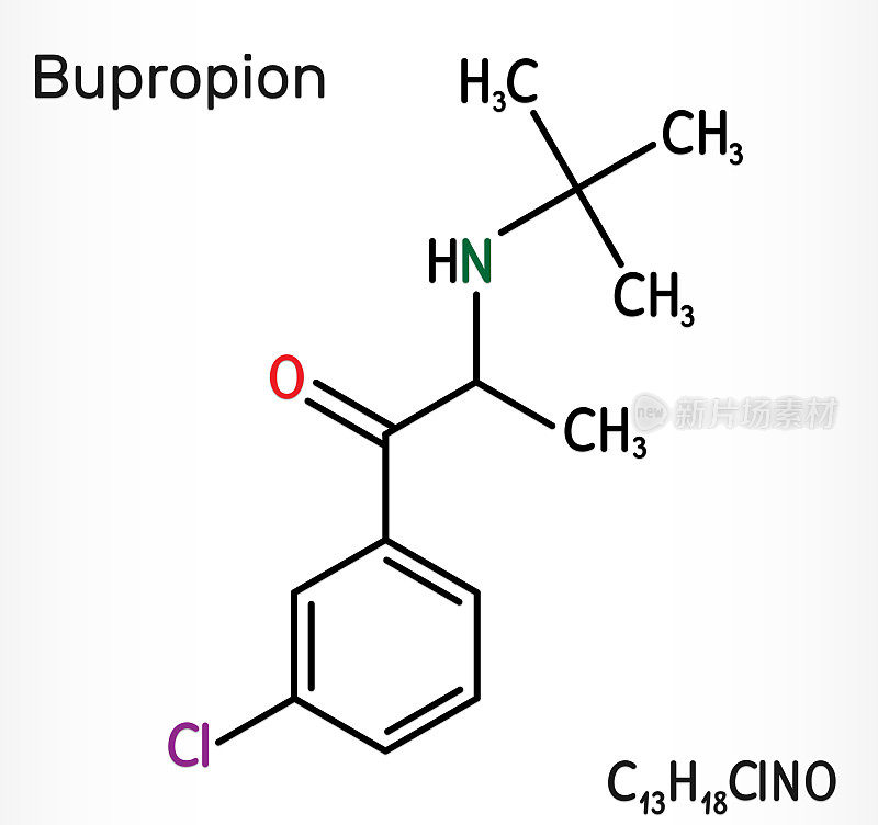 安非他酮,C13H18ClNO分子。它被用于治疗重大抑郁症(MDD)，季节性情感障碍(SAD)，戒烟。骨骼的化学公式