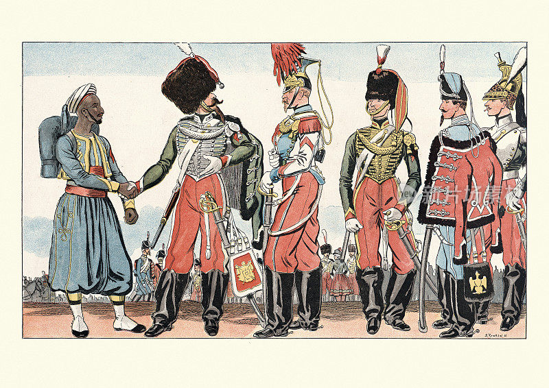 19世纪60年代的法国军装。帝国卫队，铁railleur，骑兵，向导，轻骑兵