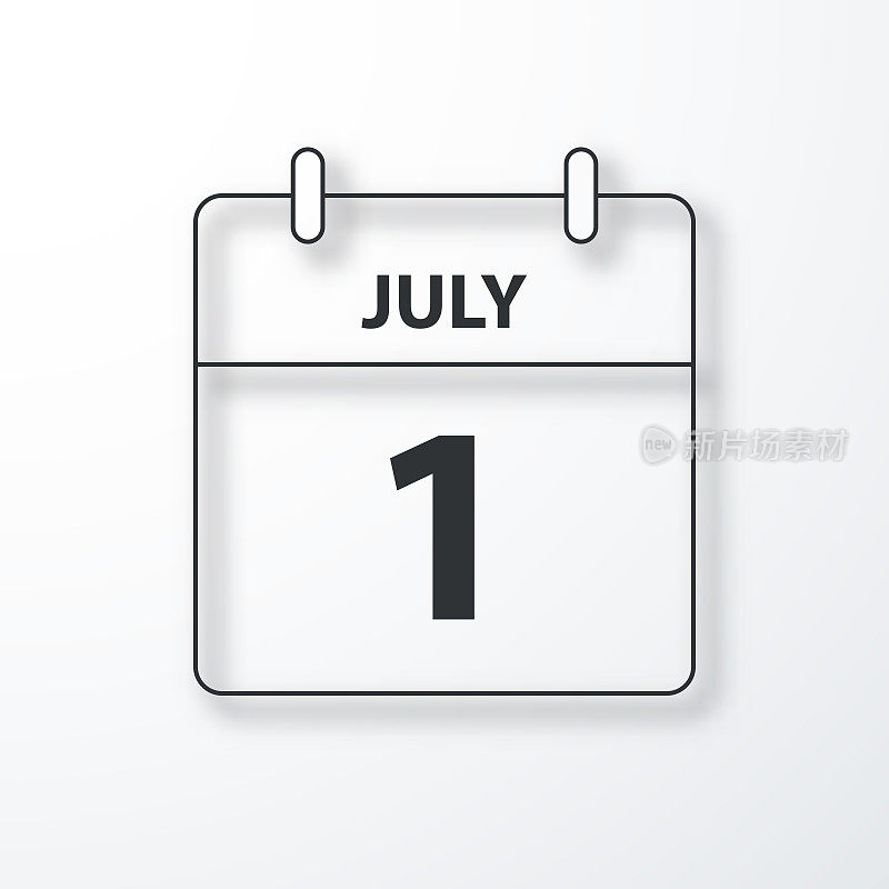 7月1日-每日日历-黑色轮廓与阴影在白色的背景