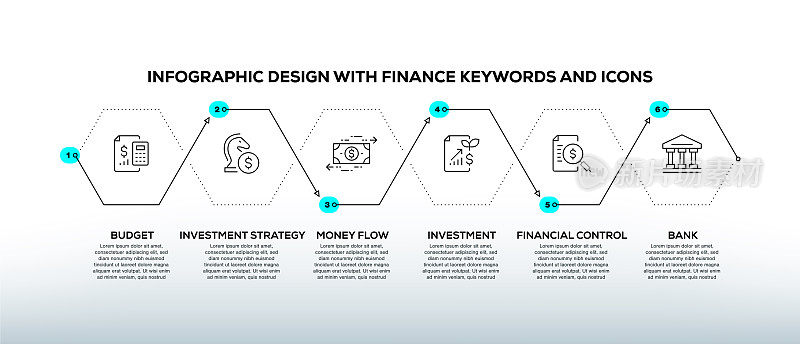 信息图表设计模板与金融关键字和图标