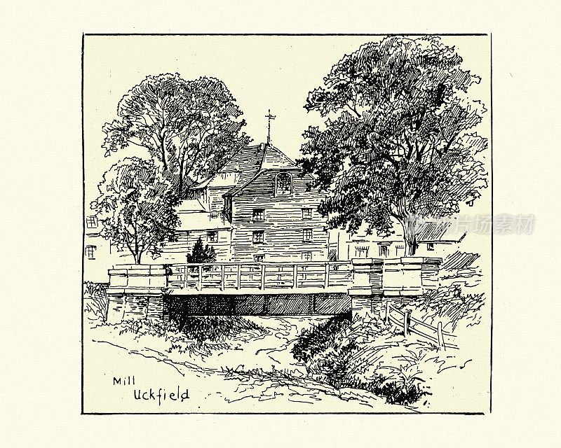 19世纪东苏塞克斯郡阿克菲尔德磨坊的草图