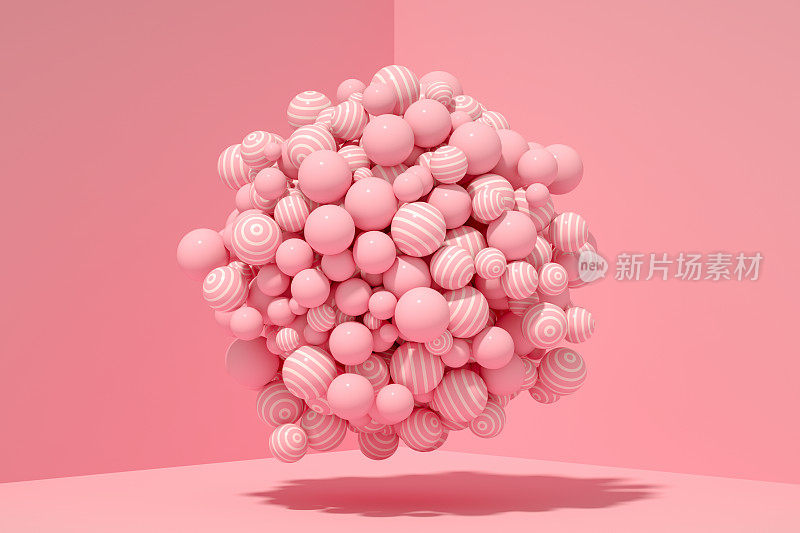 3D抽象飞行球在粉红色的背景